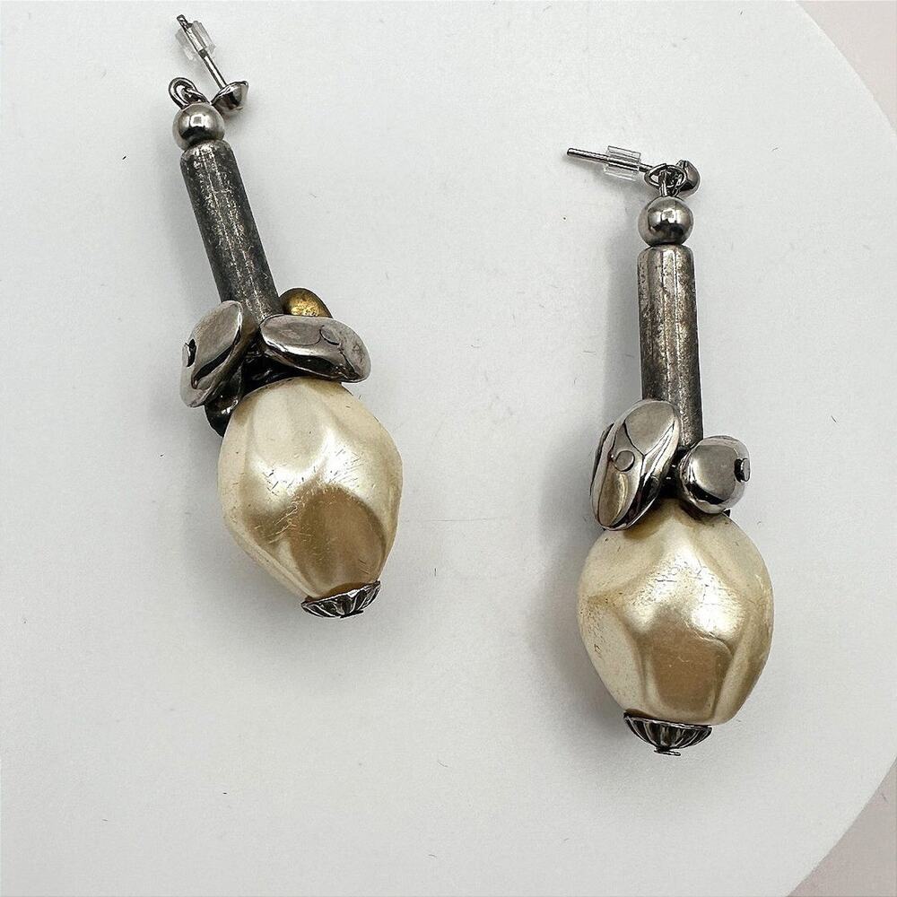 Vintage 90s Silver Tone Faux Pearl Bead Dangle Earrings Boho Modernist Jewelry